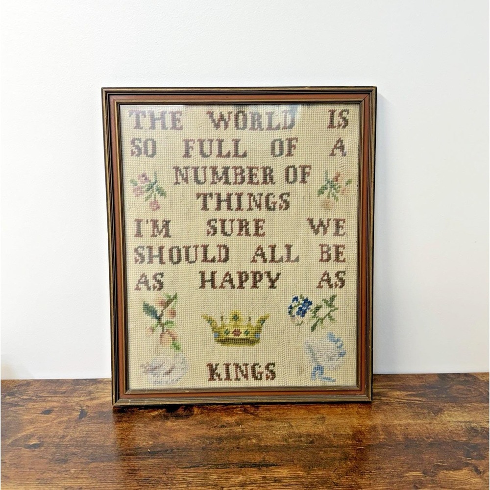 Vintage Needlepoint Sampler Verse Poetry Contentment Gratitude 12.5 x 15 inches